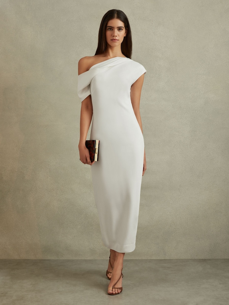 Reiss Ivory Laurey Draped Bodycon Midi Dress - Image 1 of 6