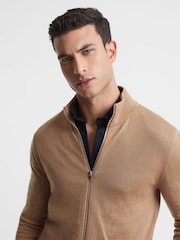 Reiss Camel Hampshire Merino Wool Funnel-Neck Cardigan - Image 1 of 5