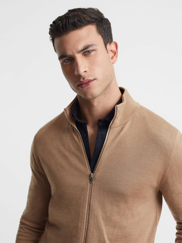 Reiss Camel Hampshire Merino Wool Funnel-Neck Cardigan - Image 1 of 5