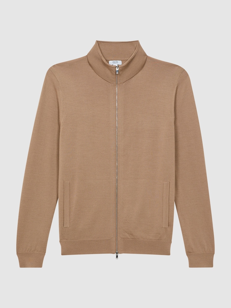 Reiss Camel Hampshire Merino Wool Funnel-Neck Cardigan - Image 2 of 5