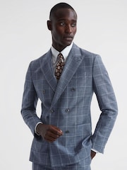 Reiss Indigo Aintree Slim Fit Wool Linen Check Double Breasted Blazer - Image 1 of 7