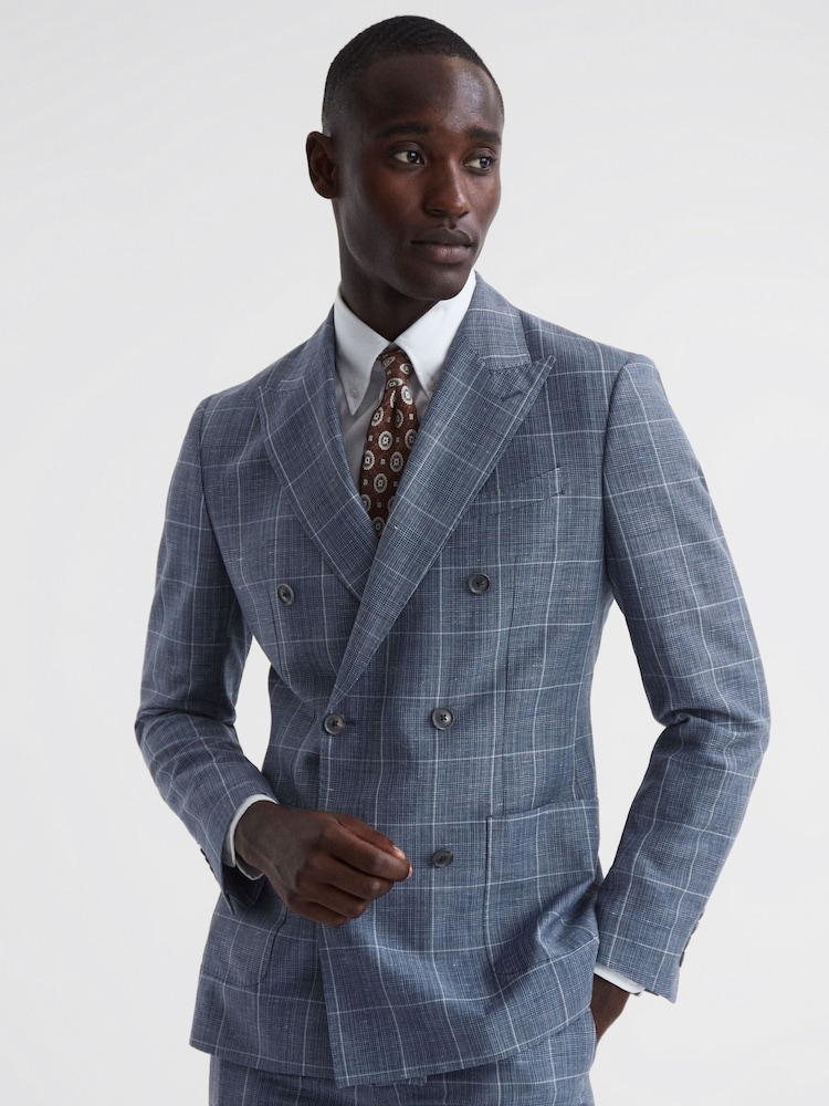Reiss Indigo Aintree Slim Fit Wool Linen Check Double Breasted Blazer - Image 1 of 7