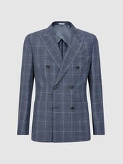 Reiss Indigo Aintree Slim Fit Wool Linen Check Double Breasted Blazer - Image 2 of 7