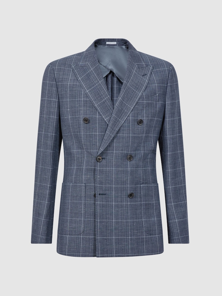 Reiss Indigo Aintree Slim Fit Wool Linen Check Double Breasted Blazer - Image 2 of 7