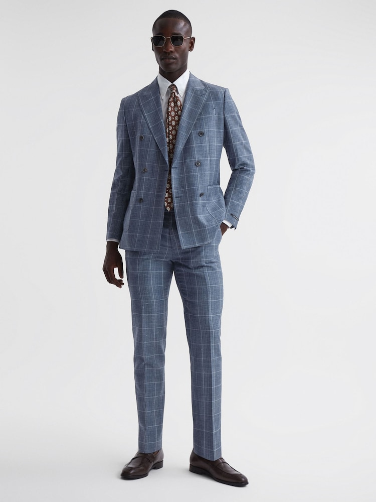 Reiss Indigo Aintree Slim Fit Wool Linen Check Double Breasted Blazer - Image 2 of 7 Reiss Indigo Aintree Slim Fit Wool Linen Check Double Breasted Blazer - Image 2 of 7
