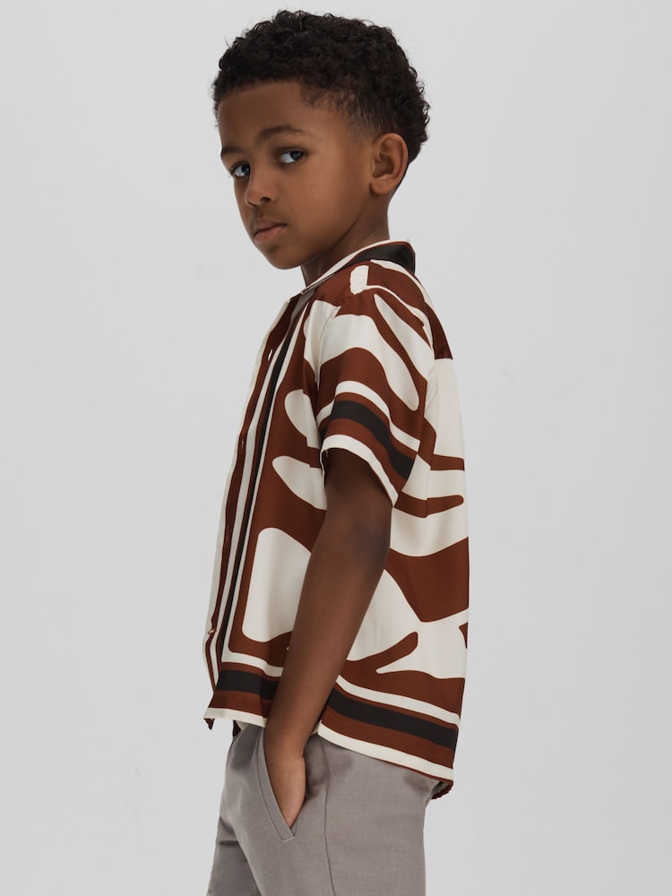 Reiss Tobacco Tom Teen Printed Cuban Collar Shirt - Image 2 of 4