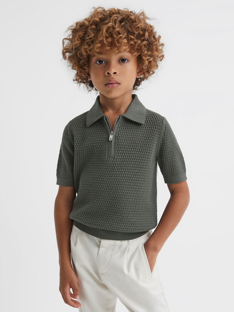 Reiss Dark Sage Burnham Teen Textured Half-Zip Polo T-Shirt - Image 1 of 6