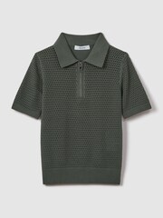 Reiss Dark Sage Burnham Teen Textured Half-Zip Polo T-Shirt - Image 2 of 6