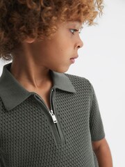Reiss Dark Sage Burnham Teen Textured Half-Zip Polo T-Shirt - Image 4 of 6