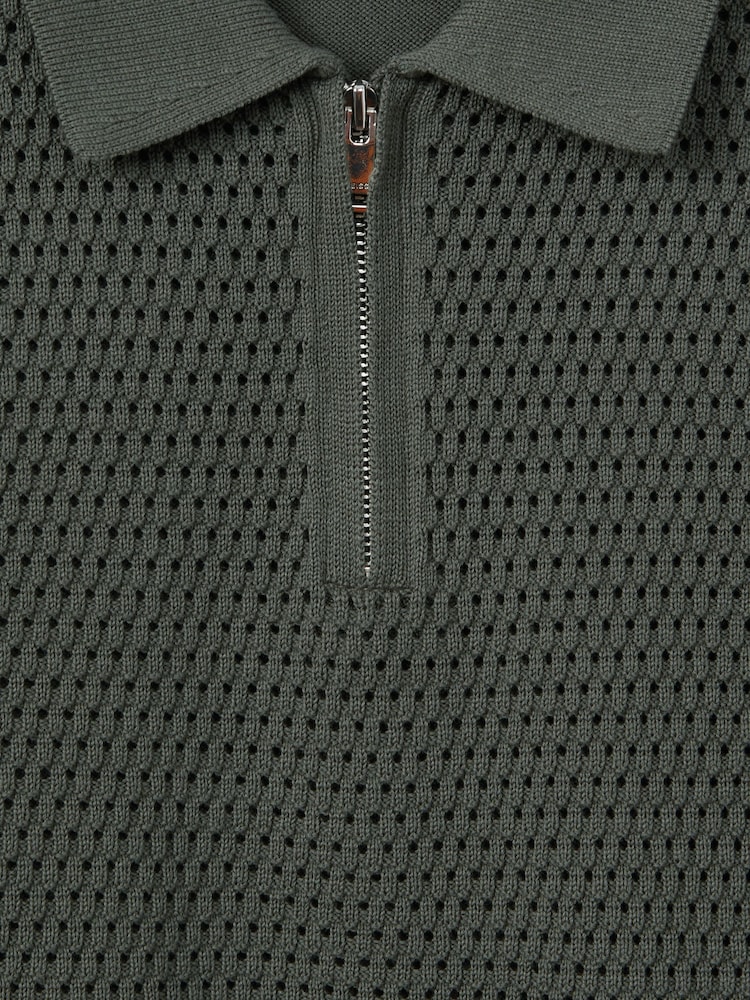 Reiss Dark Sage Burnham Teen Textured Half-Zip Polo T-Shirt - Image 6 of 6