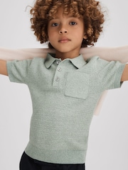 Reiss Sage Melange Demetri 9-13 yrs Textured Cotton Polo Shirt - Image 1 of 4