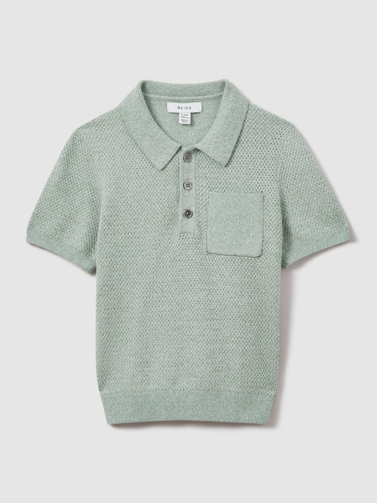 Reiss Sage Melange Demetri 9-13 yrs Textured Cotton Polo Shirt - Image 2 of 4