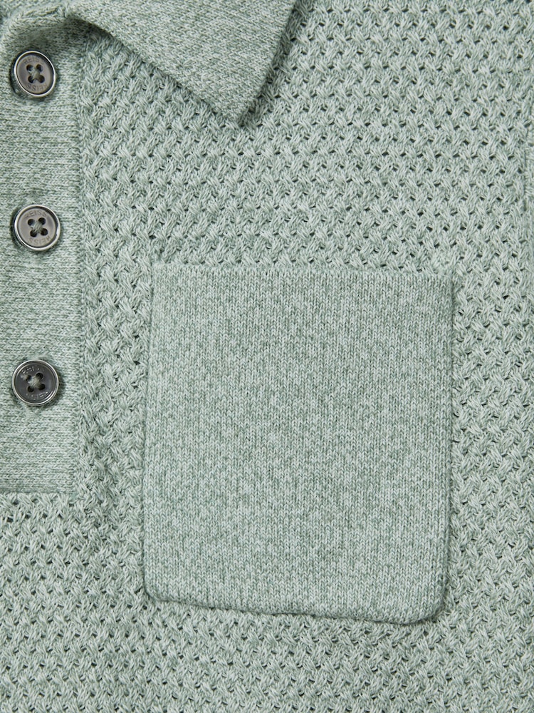 Reiss Sage Melange Demetri 9-13 yrs Textured Cotton Polo Shirt - Image 4 of 4