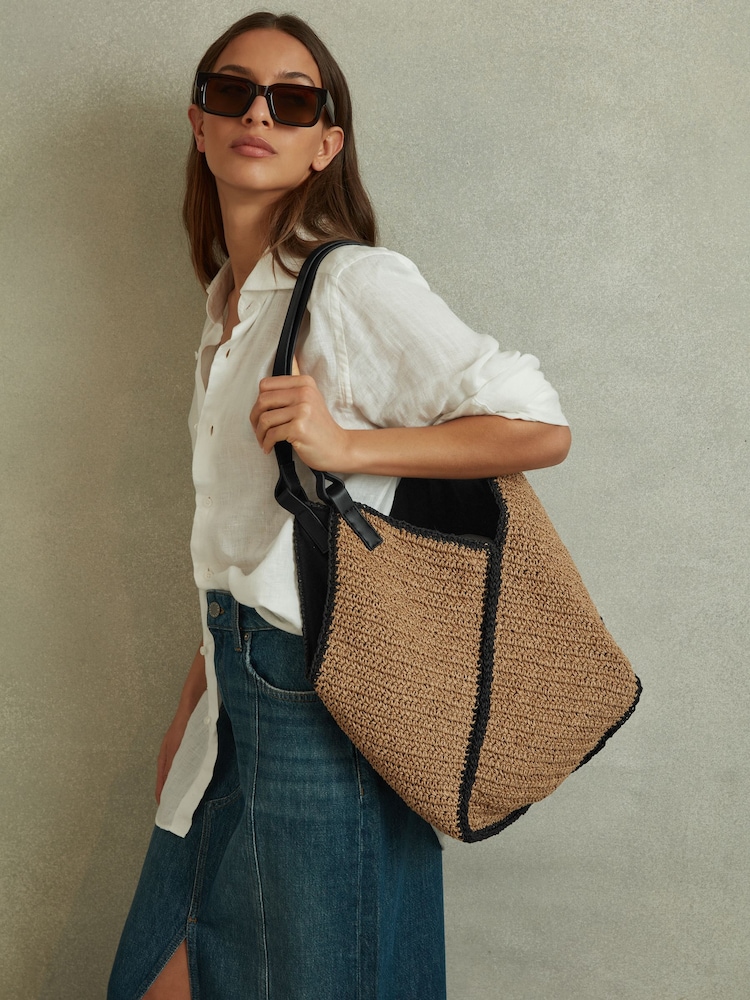 Reiss Natural Farrah Woven Diagonal Seam Tote Bag - Image 2 of 5