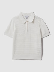 Reiss Optic White Burnham Teen Textured Half-Zip Polo T-Shirt - Image 1 of 4