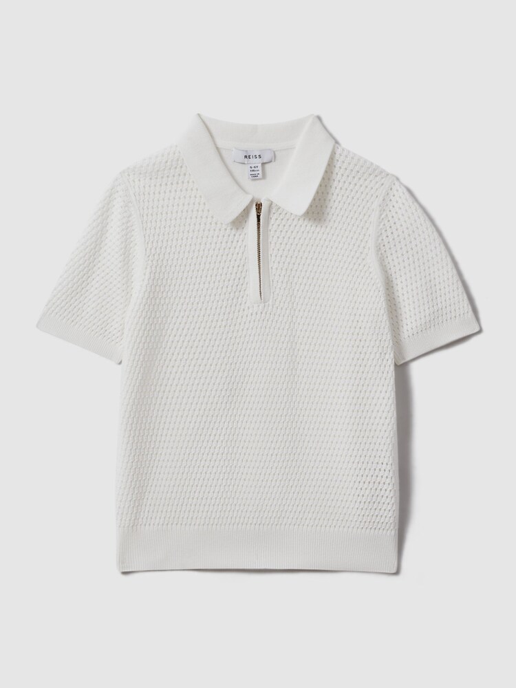 Reiss Optic White Burnham Teen Textured Half-Zip Polo T-Shirt - Image 1 of 4