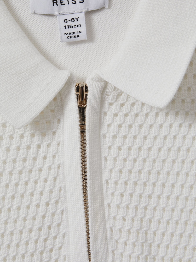 Reiss Optic White Burnham Teen Textured Half-Zip Polo T-Shirt - Image 4 of 4
