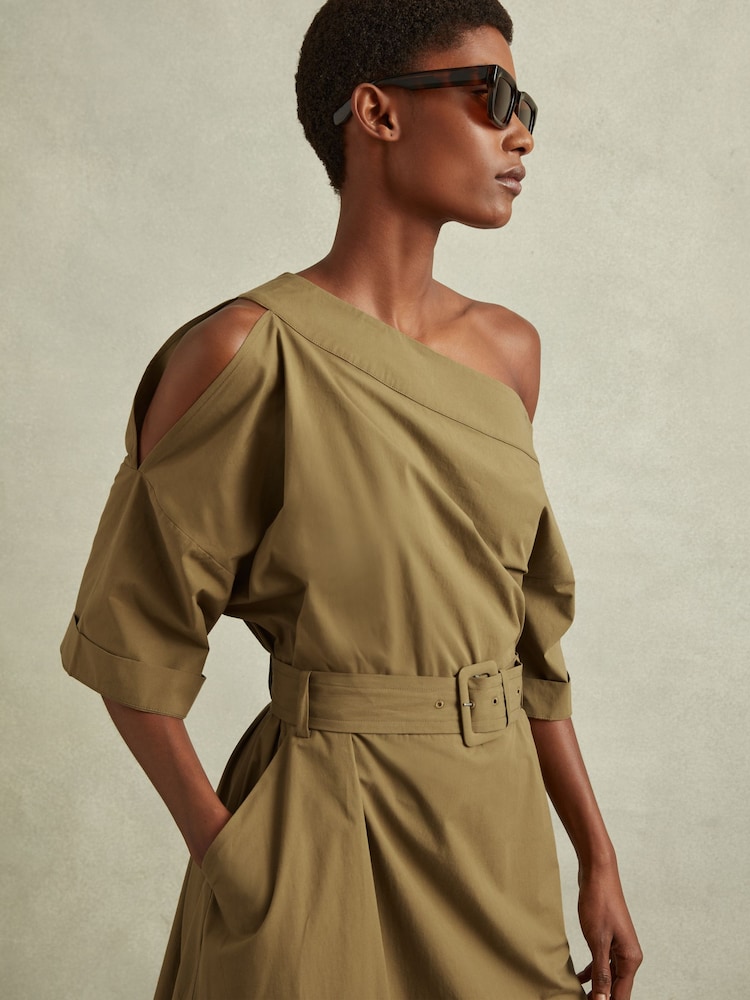 Reiss Khaki Demi Off The Shoulder Belted Midi Dress - Image 1 of 6