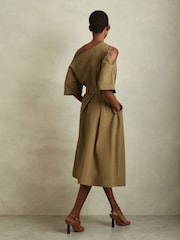 Reiss Khaki Demi Off The Shoulder Belted Midi Dress - Image 3 of 6