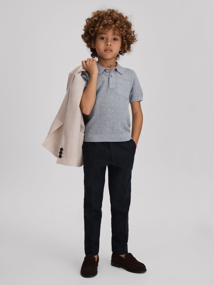 Reiss Blue Melange Demetri 3-9 yrs Textured Cotton Polo Shirt - Image 1 of 4 Reiss Blue Melange Demetri 3-9 yrs Textured Cotton Polo Shirt - Image 1 of 4