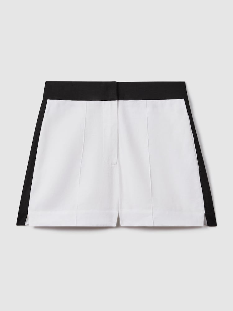 Reiss White/Navy Rebecca Linen Colourblock Shorts - Image 2 of 7