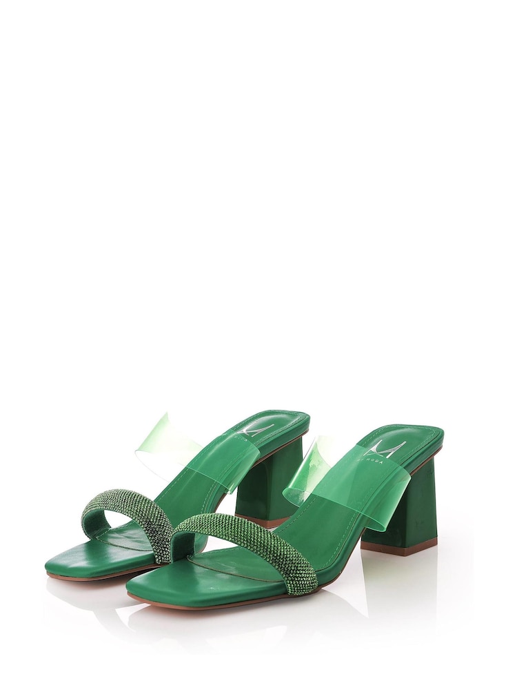 MbyModa Green Glitz Heeled Mule Sandals with Perspex Strap - Image 2 of 4