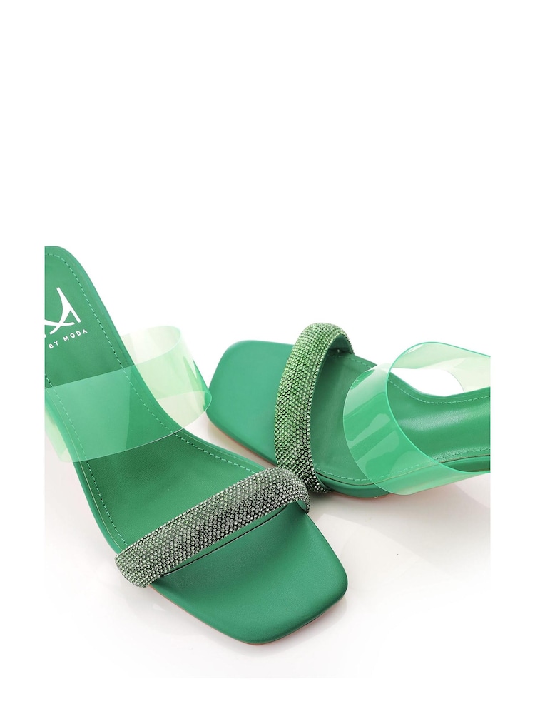 MbyModa Green Glitz Heeled Mule Sandals with Perspex Strap - Image 4 of 4