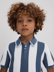 Reiss Airforce Blue/Ecru Paros 9-13 yrs Knitted Striped Half-Zip Polo Shirt - Image 1 of 4
