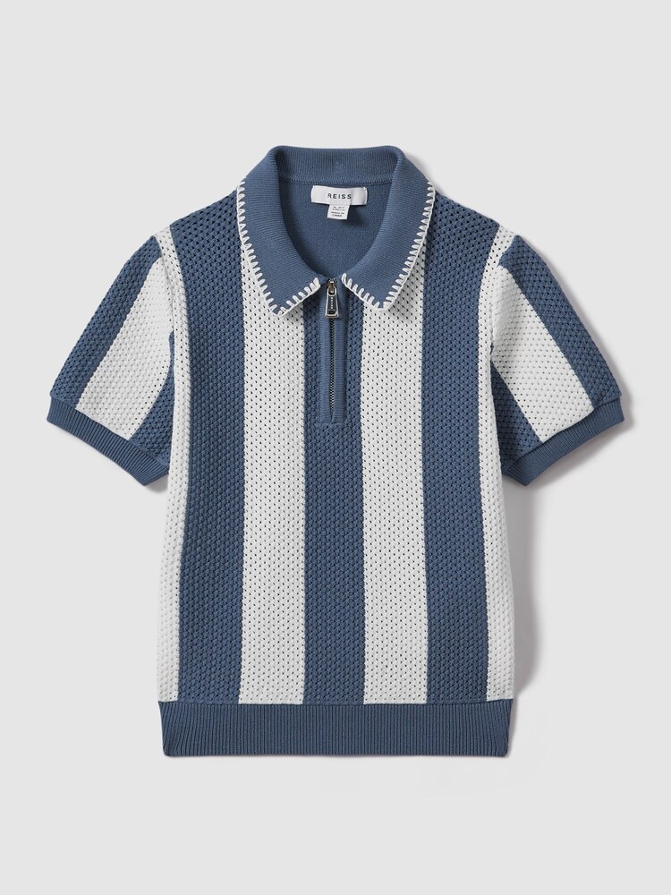 Reiss Airforce Blue/Ecru Paros 9-13 yrs Knitted Striped Half-Zip Polo Shirt - Image 2 of 4