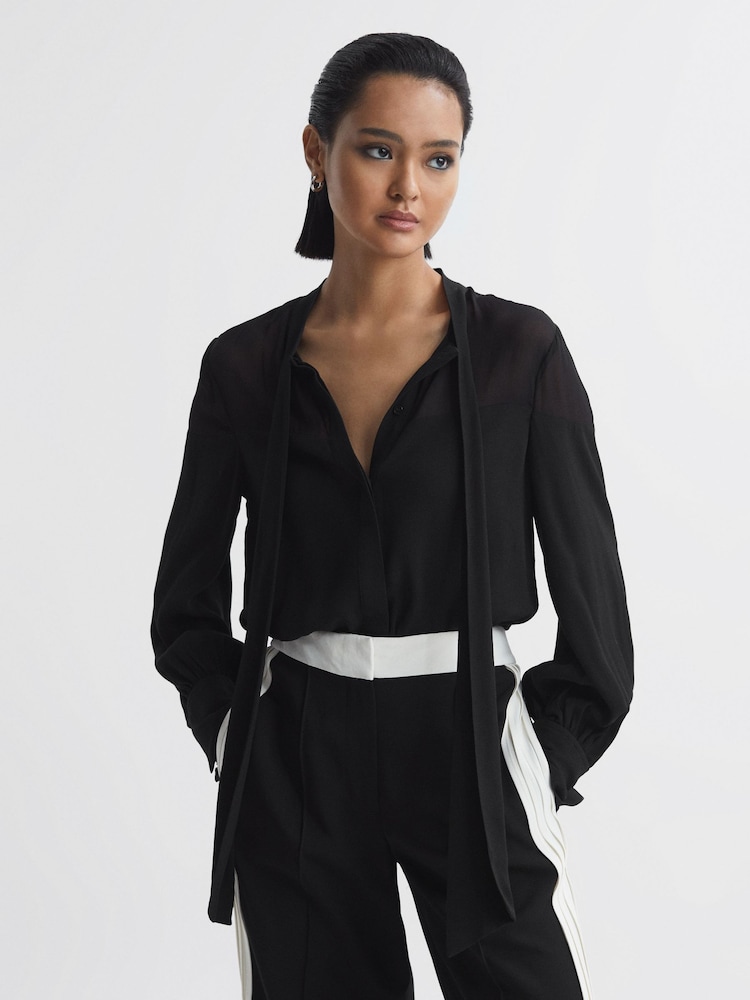 Reiss Black Arina Tie Neck Semi-Sheer Blouse - Image 1 of 5
