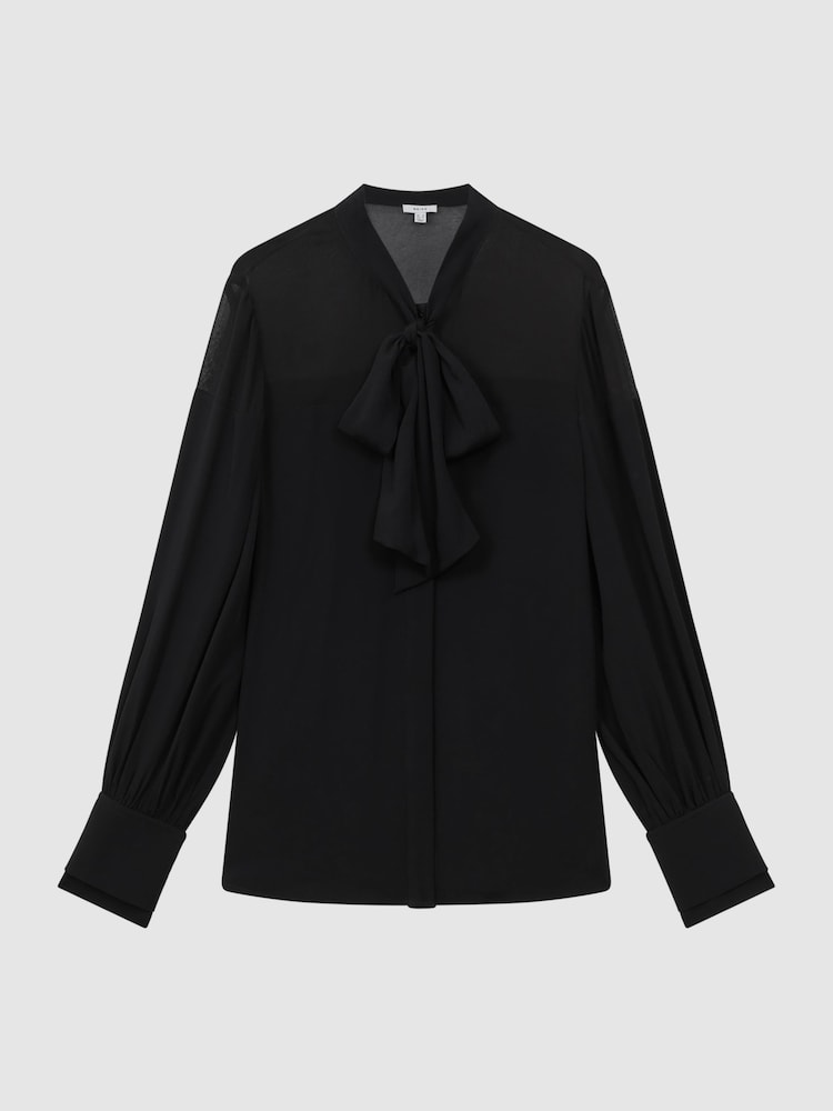 Reiss Black Arina Tie Neck Semi-Sheer Blouse - Image 2 of 5