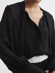 Reiss Black Arina Tie Neck Semi-Sheer Blouse - Image 3 of 5