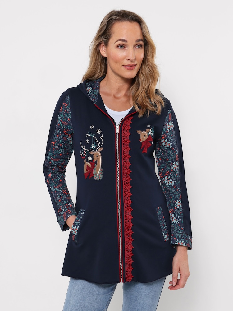 Joe Browns Blue Christmas Reindeer Zip Through Hoodie - Image 1 of 5 Joe Browns Blue Christmas Reindeer Zip Through Hoodie - Image 1 of 5