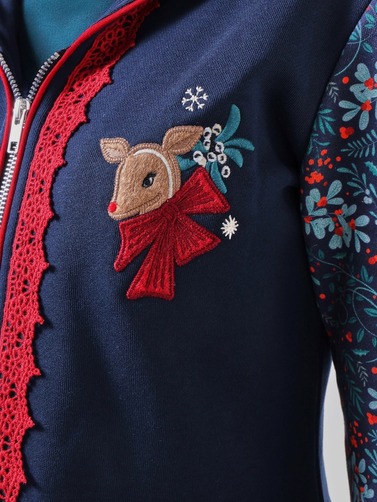 Joe Browns Blue Christmas Reindeer Zip Through Hoodie - Image 5 of 5 Joe Browns Blue Christmas Reindeer Zip Through Hoodie - Image 5 of 5