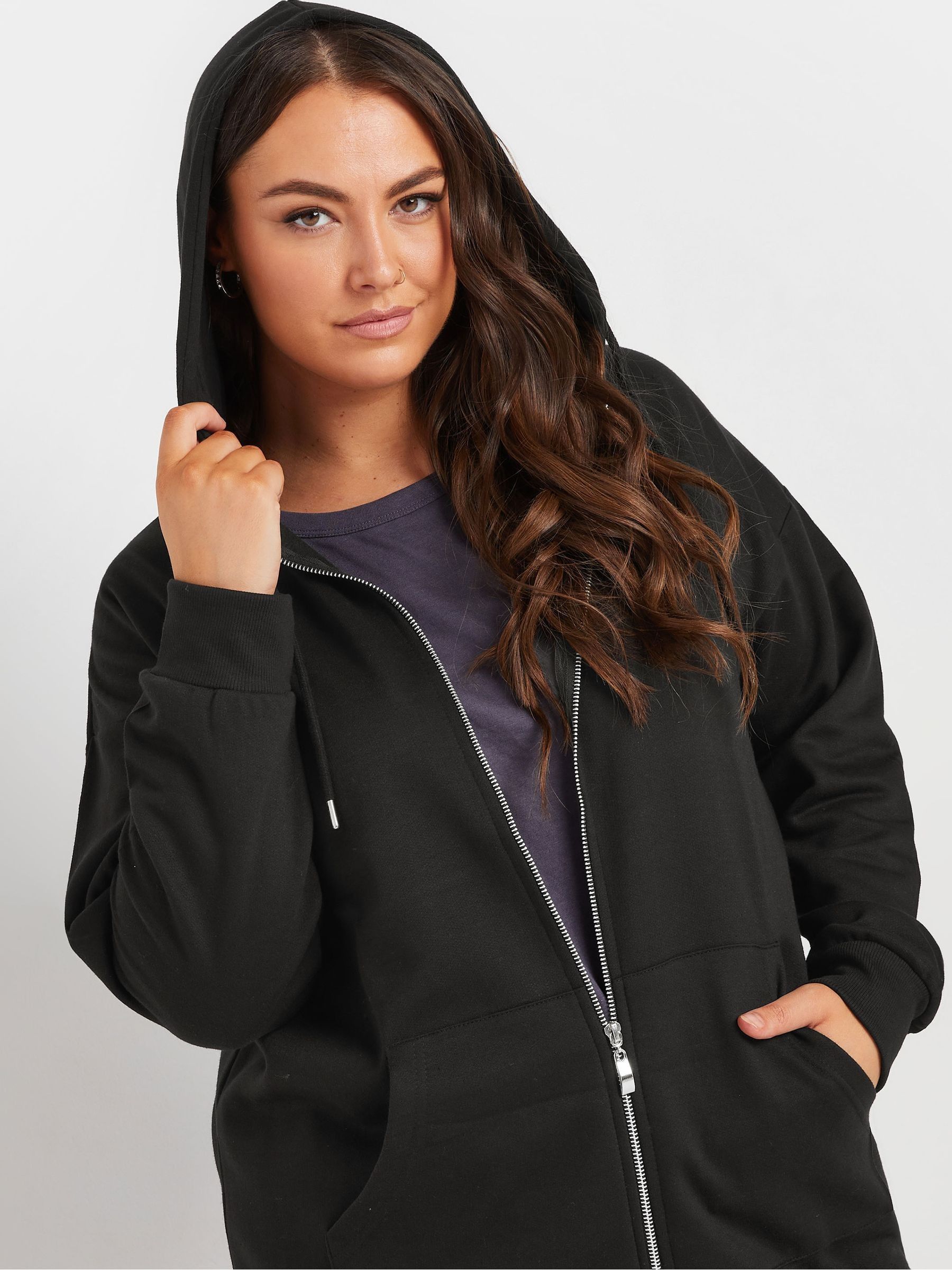 Yours Curve Women's Black Longline Zip Through Hoodie