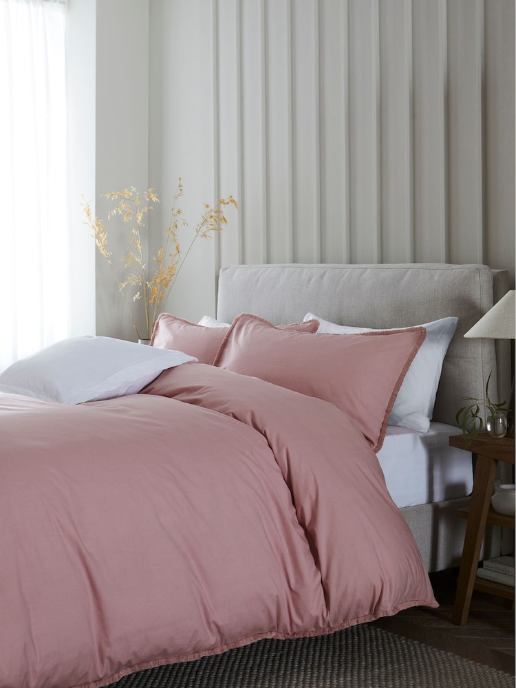 Pink Fringed Edge 100% Cotton Duvet Cover and Pillowcase Set - Image 1 of 4