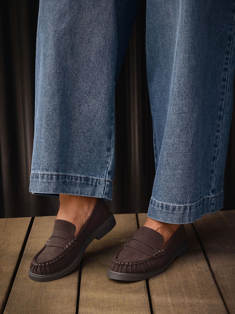 Yours Curve Brown Faux Suede Ruched Front Loafers in Extra Wide EEE Fit - Image 1 of 3