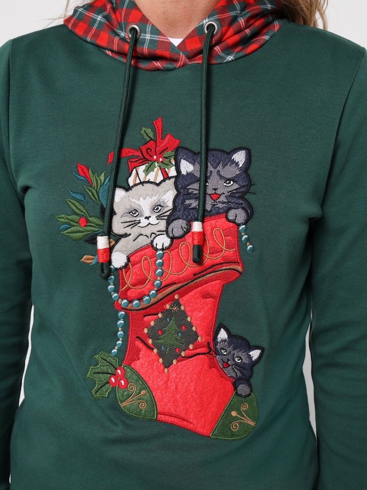 Joe Browns Green Christmas Cat Hoodie - Image 2 of 7 Joe Browns Green Christmas Cat Hoodie - Image 2 of 7