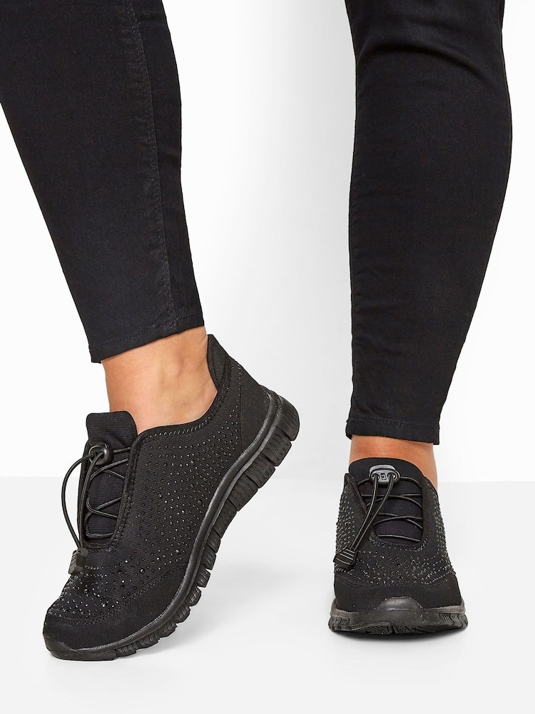 Yours Curve Black Extra Wide Fit Titania Gem Embellished Drawcord Trainers - Image 1 of 5 Yours Curve Black Extra Wide Fit Titania Gem Embellished Drawcord Trainers - Image 1 of 5