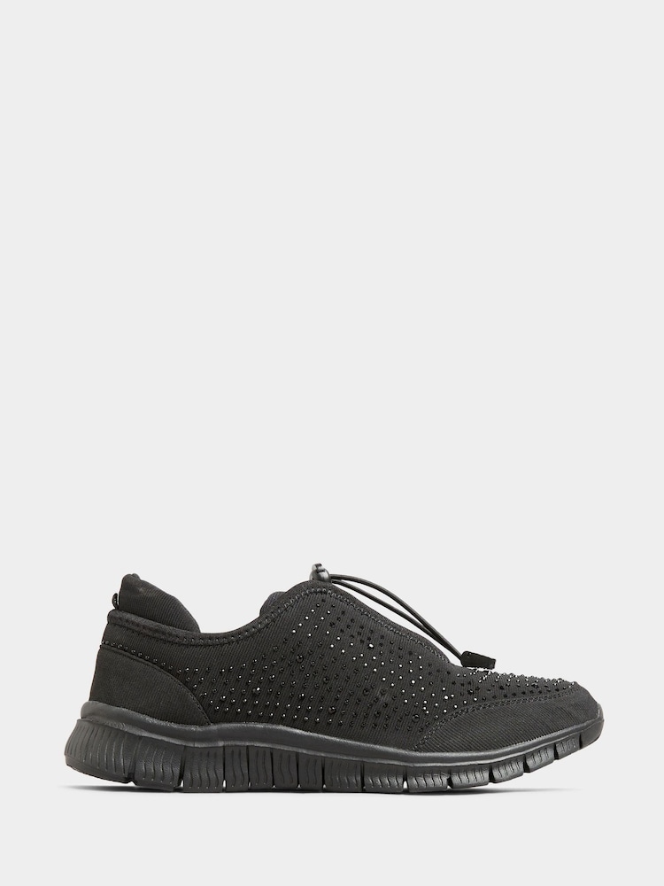 Yours Curve Black Extra Wide Fit Titania Gem Embellished Drawcord Trainers - Image 2 of 5 Yours Curve Black Extra Wide Fit Titania Gem Embellished Drawcord Trainers - Image 2 of 5