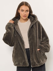 Yours Curve Brown Faux Fur Zip Through Hoodie Jacket - Image 1 of 6