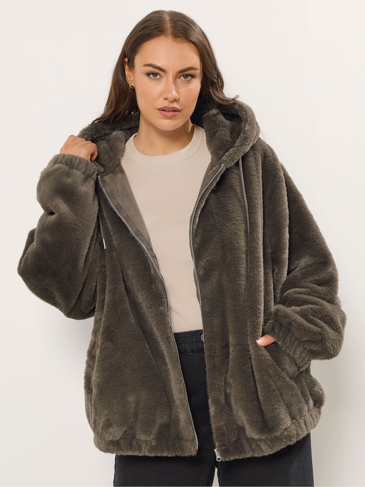Yours Curve Brown Faux Fur Zip Through Hoodie Jacket - Image 1 of 6