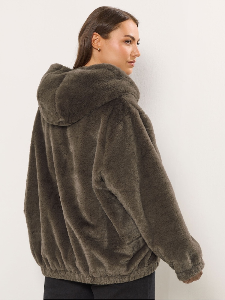 Yours Curve Brown Faux Fur Zip Through Hoodie Jacket - Image 2 of 6
