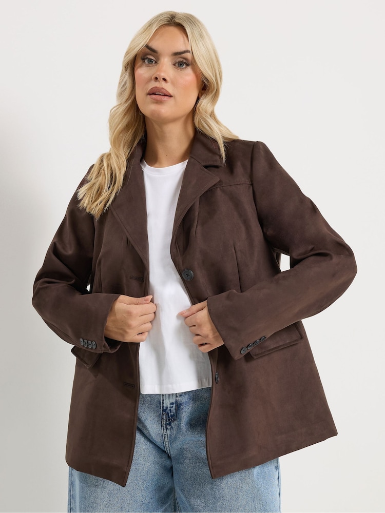 Yours Curve Brown Faux Suede Blazer - Image 1 of 4 Yours Curve Brown Faux Suede Blazer - Image 1 of 4
