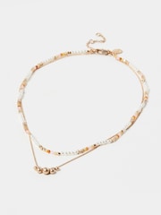 Oliver Bonas Gold Tone Kaia Bead & Faux Pearl Chain Double Row Necklace - Image 2 of 6