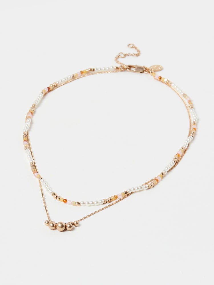 Oliver Bonas Gold Tone Kaia Bead & Faux Pearl Chain Double Row Necklace - Image 2 of 6