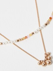 Oliver Bonas Gold Tone Kaia Bead & Faux Pearl Chain Double Row Necklace - Image 3 of 6
