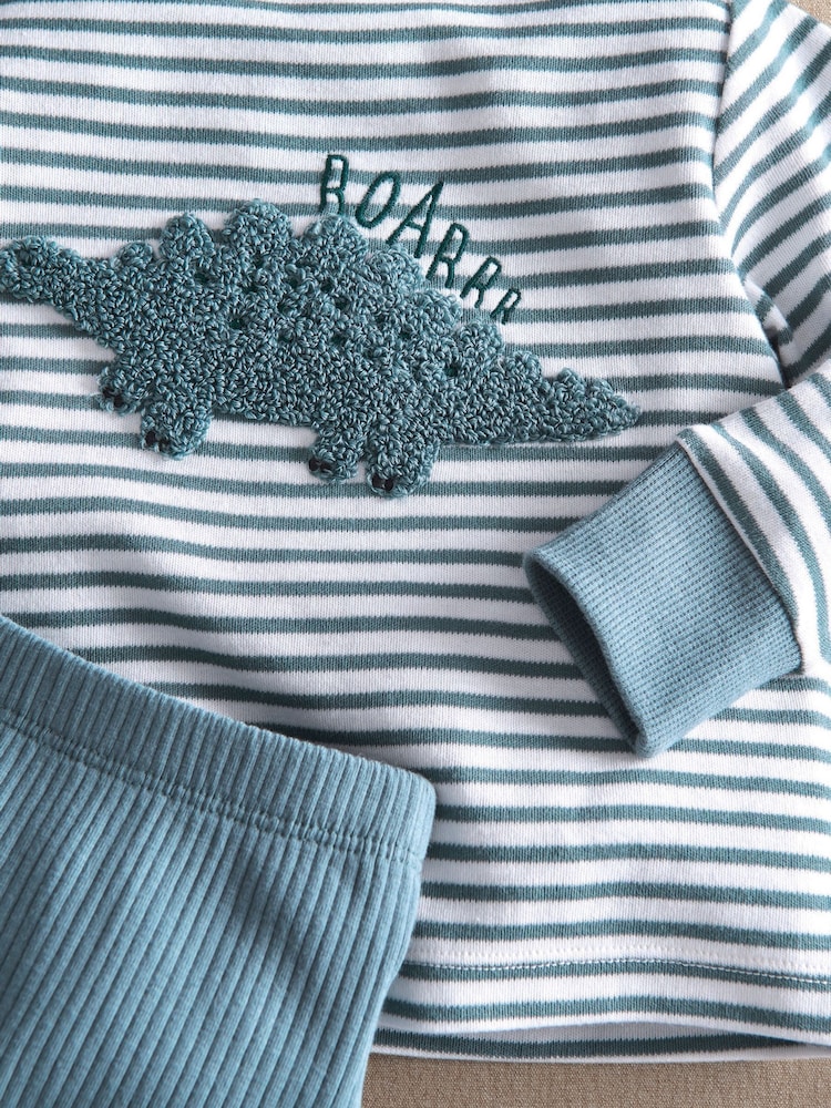 Mamas & Papas Blue Dino Striped Jersey Pyjamas - Image 2 of 3