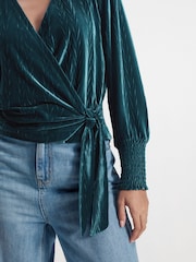Teal Blue Velvet Long Sleeve Wrap Top - Image 4 of 6