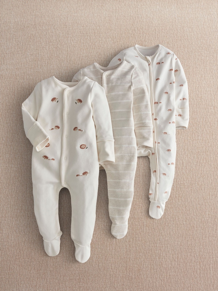 Mamas & Papas Brown Hedgehog Sleepsuits 3 Pack - Image 1 of 3 Mamas & Papas Brown Hedgehog Sleepsuits 3 Pack - Image 1 of 3